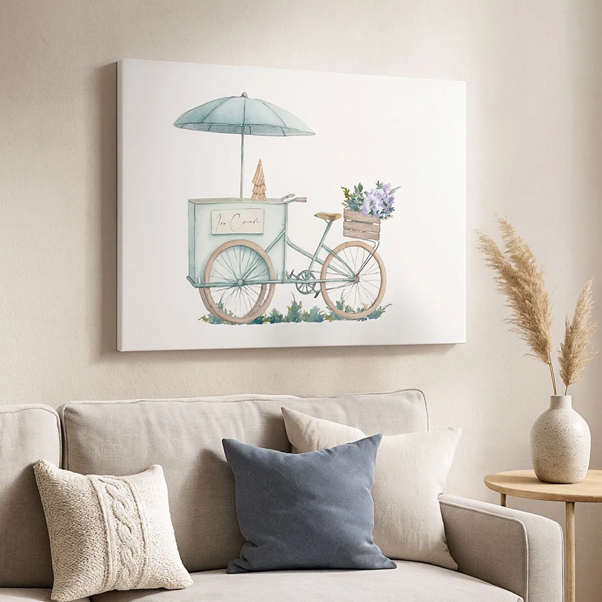 Quadro em tela - Uma bicicleta com sorvete e flores sob um guarda-chuva em delicadas cores pastel - 70x50cm - Doce lembrança do verão - Decoração de parede moderna para a sala de estar e quarto ARTTOR