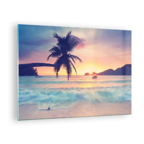 Quadro em vidro - Praia das palmeiras ao pôr do sol com um barco no horizonte - 70x50cm - Noite na baía - Decoração de parede moderna para a sala de estar e quarto ARTTOR