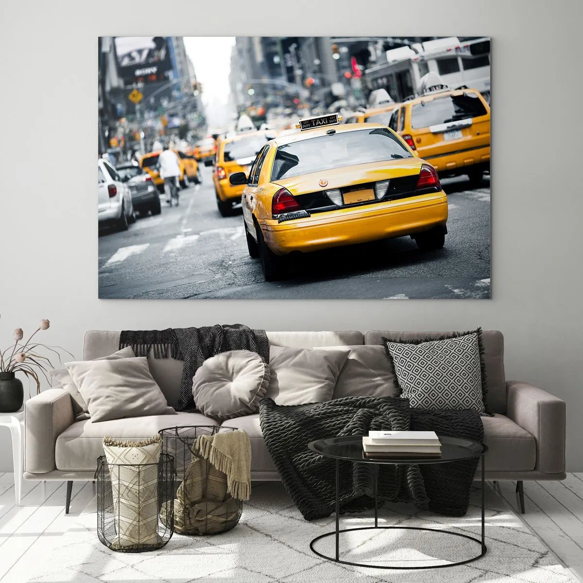 Quadro em vidro - Táxis amarelos nas ruas de Nova York na agitação da cidade - 70x50cm - Apenas nesta cidade - Decoração de parede moderna para a sala de estar e quarto ARTTOR