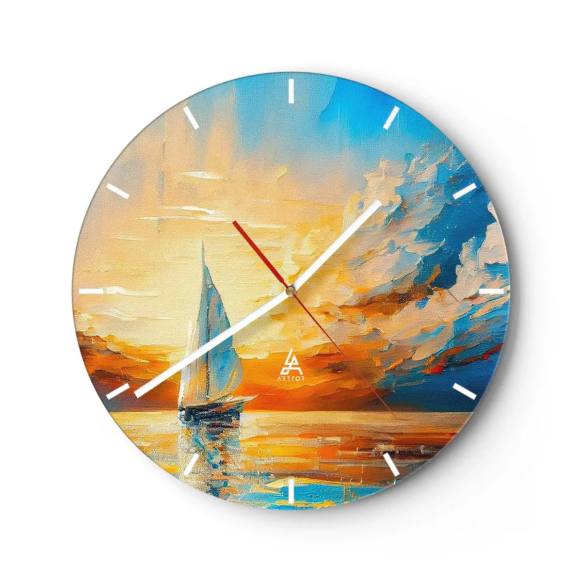 Relógio de parede - Relógio em vidro - Um veleiro tendo como pano de fundo um pôr do sol dourado sobre a água - 30x30cm - Balsa em ouro - Decoração de parede moderna para a sala de estar, cozinha e quarto ARTTOR