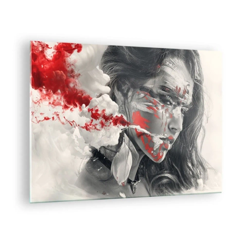 Quadro em vidro - Retrato de uma mulher com padrões abstratos vermelhos e brancos - 70x50cm - Nos fumos do absurdo - Decoração de parede moderna para a sala de estar e quarto ARTTOR