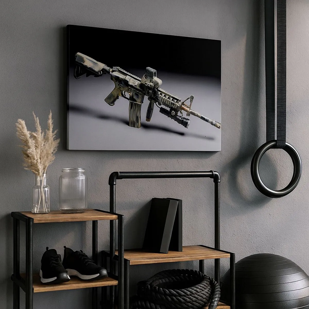 Quadro em tela - Arma moderna em cor camuflada sobre fundo escuro - 70x50cm - Sempre perigoso - Decoração de parede moderna para a sala de estar e quarto ARTTOR