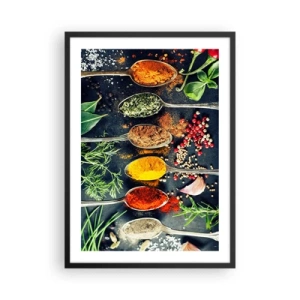 Pôster com moldura preta - Especiarias e ervas coloridas em colheres de metal - 50x70cm - Magia culinária - Decoração de parede moderna para a sala de estar e quarto ARTTOR