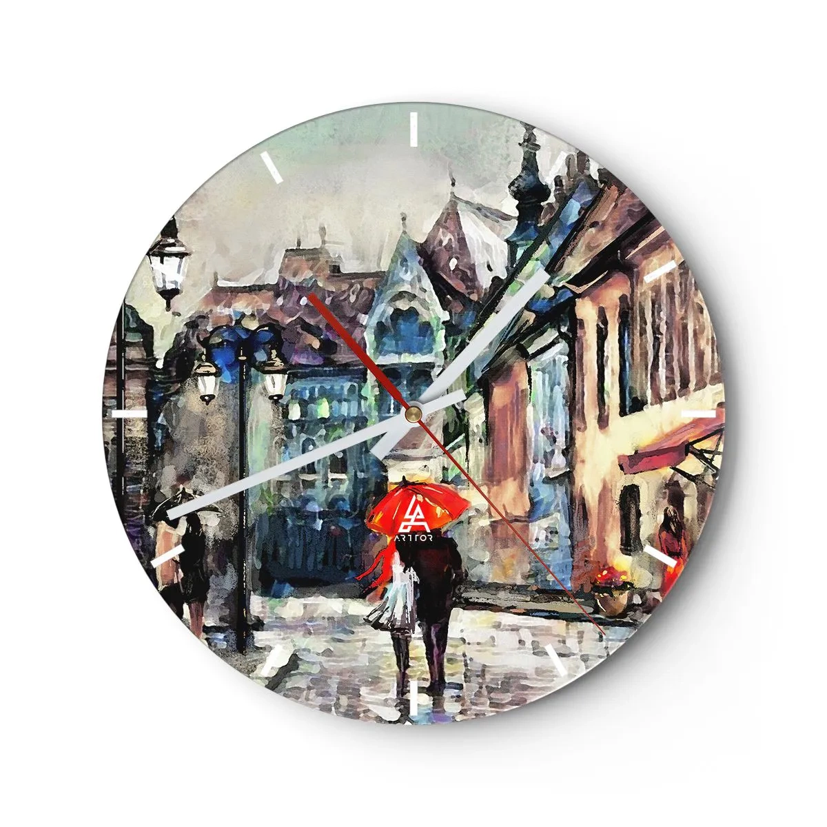 Relógio de parede - Relógio em vidro - Uma rua romântica com um guarda-chuva tendo como pano de fundo casas de cortiços na chuva - 30x30cm - Chuva para dois - Decoração de parede moderna para a sala de estar, cozinha e quarto ARTTOR