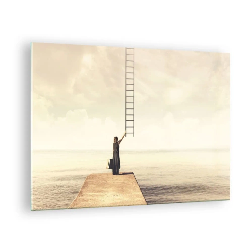 Quadro em vidro - Mulher em um píer com uma escada levando ao céu - 70x50cm - Uma viagem mágica - Decoração de parede moderna para a sala de estar e quarto ARTTOR