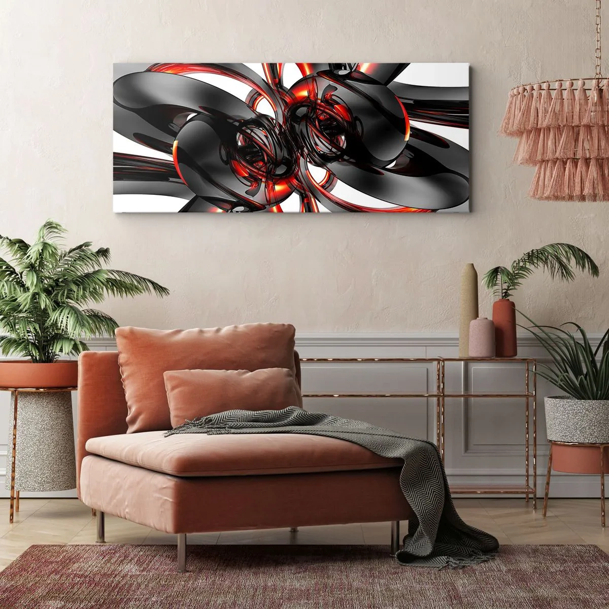 Quadro em tela - Movimento em grafite e vermelho - 160x50 cm