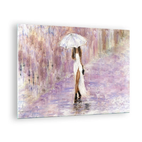 Quadro em vidro - Figura de uma mulher com um guarda-chuva em uma cena de chuva lilás - 70x50cm - Na chuva lilás - Decoração de parede moderna para a sala de estar e quarto ARTTOR