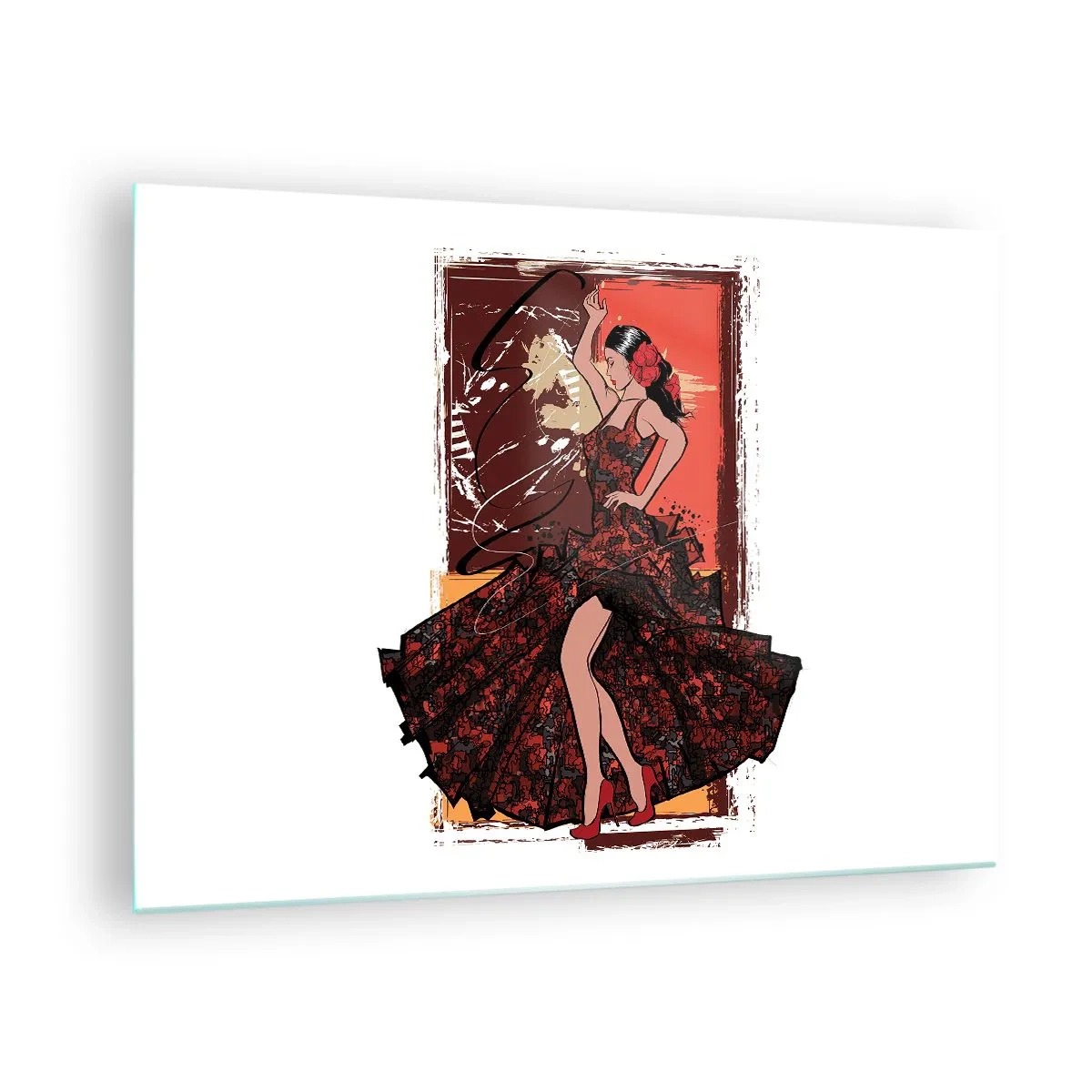 Quadro em vidro - Dançarina de flamenco em um elegante vestido vermelho e preto - 70x50cm - No ritmo do coração - Decoração de parede moderna para a sala de estar e quarto ARTTOR