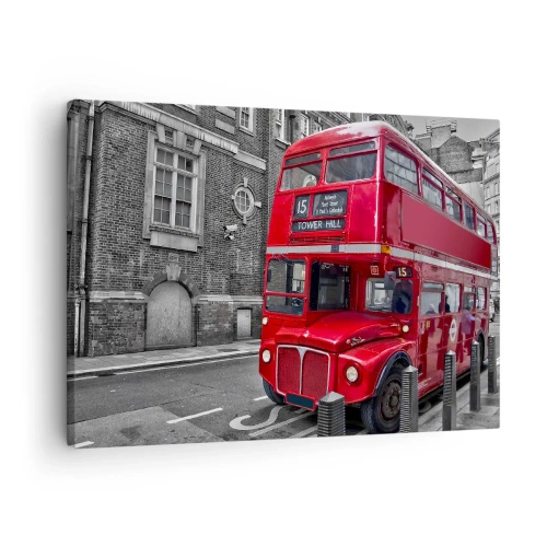 Quadro em tela - Um ônibus vermelho de dois andares em Londres com um cenário de arquitetura clássica - 70x50cm - Sempre o mesmo - Decoração de parede moderna para a sala de estar e quarto ARTTOR