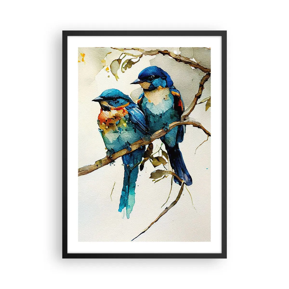Pôster com moldura preta - Pássaros em aquarela em um galho em tons de azul e marrom - 50x70cm - Ele ficou ofendido? - Decoração de parede moderna para a sala de estar e quarto ARTTOR