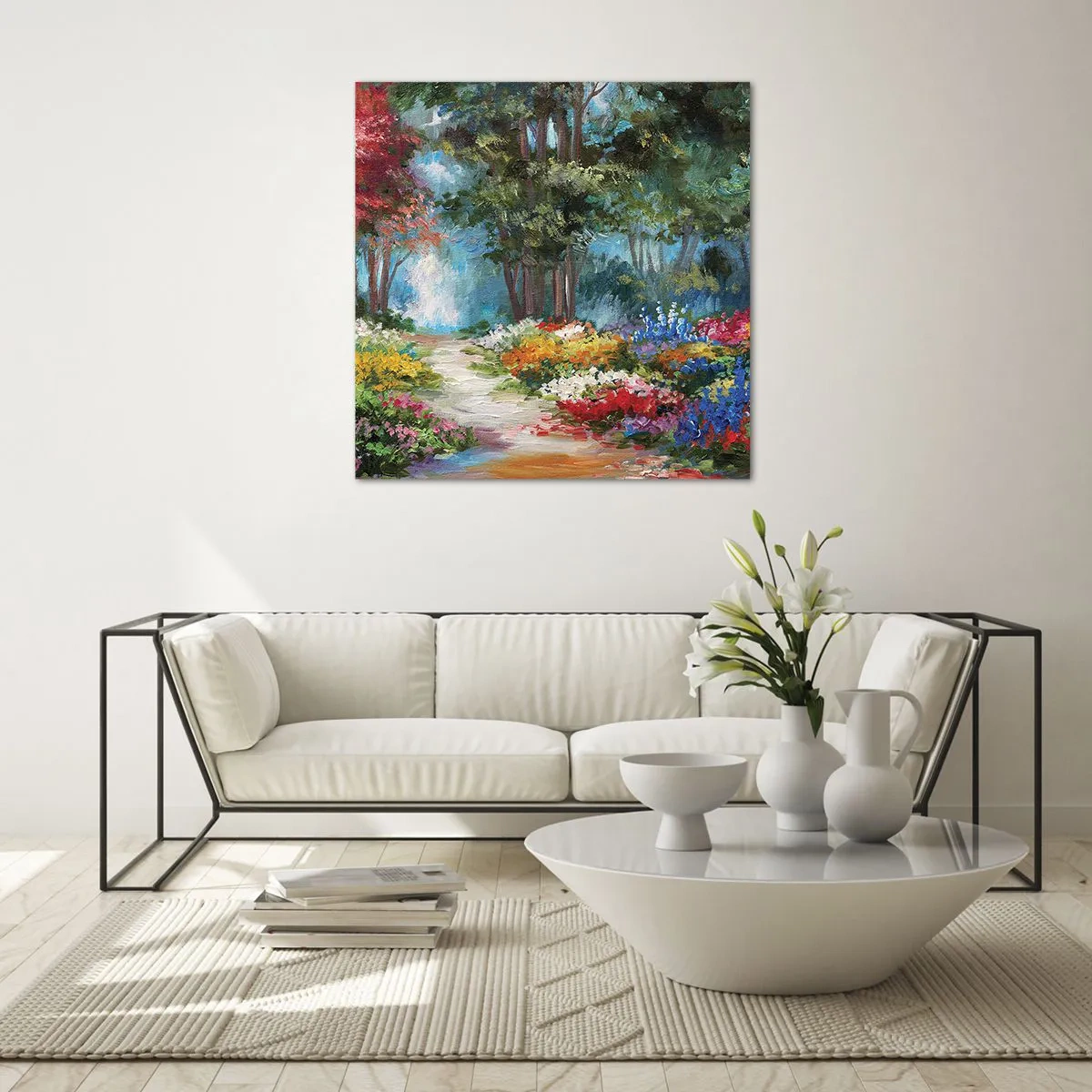 Quadro em vidro - Jardim florestal, floresta florida - 30x30 cm