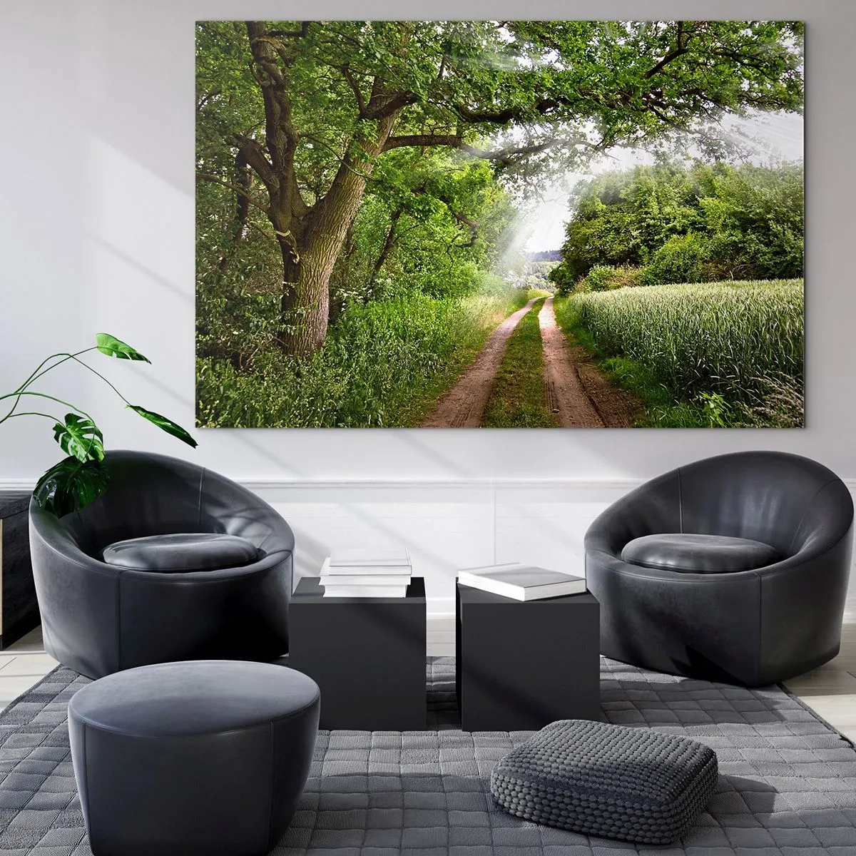 Quadro em vidro - Uma estrada florestal cercada por vegetação sob os raios do sol - 70x50cm - Os pastores de Arcadia - Decoração de parede moderna para a sala de estar e quarto ARTTOR