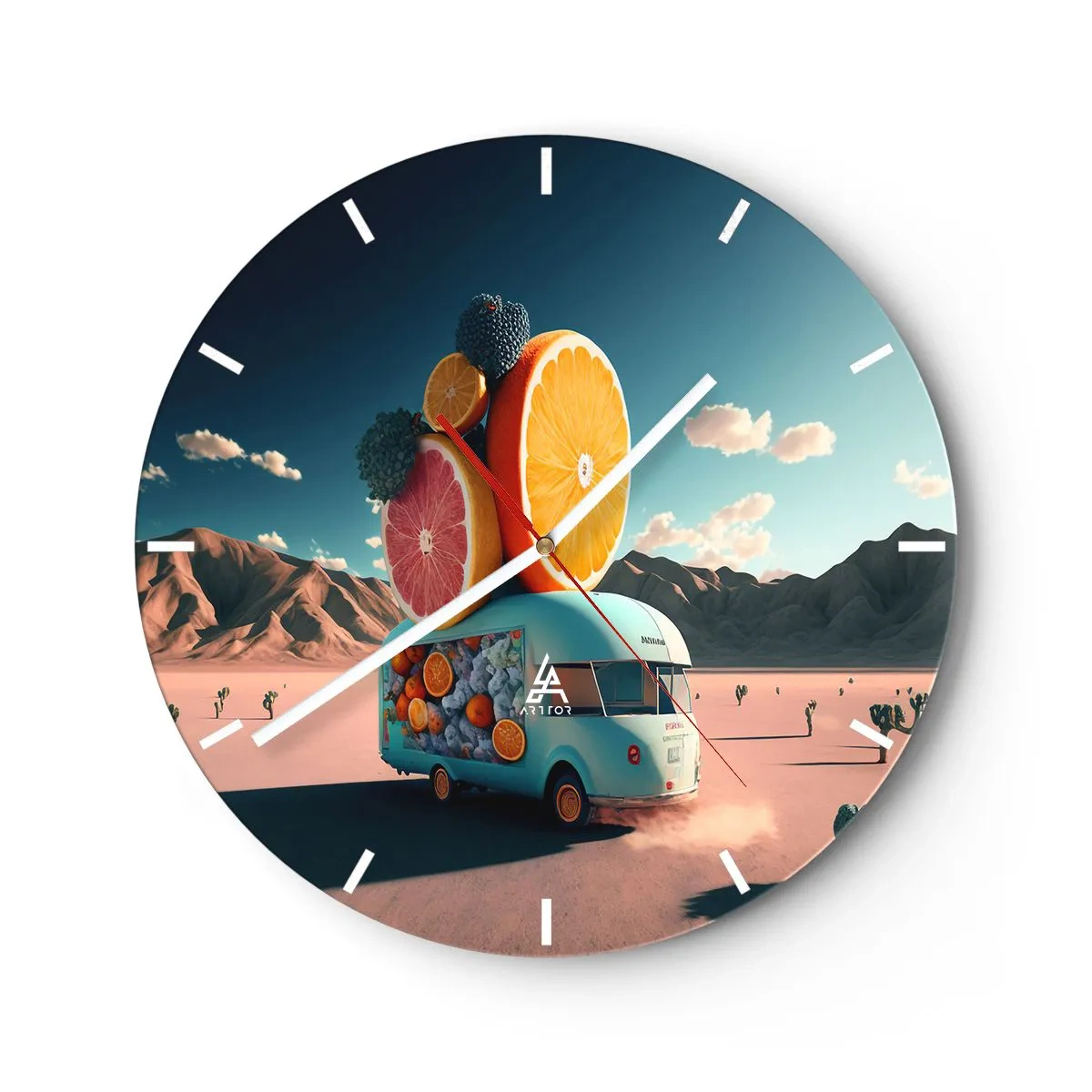 Relógio de parede - Relógio em vidro - Um food truck de frutas turquesas com fundo desértico - 30x30cm - O sabor das férias - Decoração de parede moderna para a sala de estar, cozinha e quarto ARTTOR