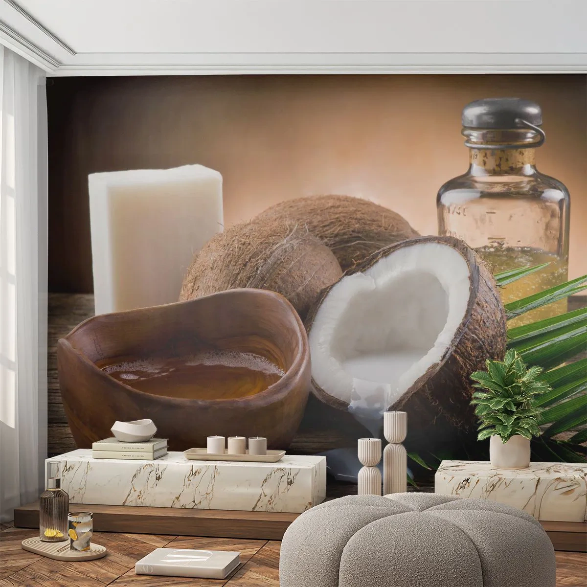 Papel de Parede Autocolante Deluxe Sticker - Saúde das ilhas tropicais - Coco, Spa, Óleo de côco - 250x175 cm