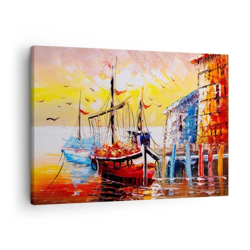 Quadro em tela - Porto pitoresco ao pôr do sol com barcos de pesca - 70x50cm - Feliz retorno - Decoração de parede moderna para a sala de estar e quarto ARTTOR