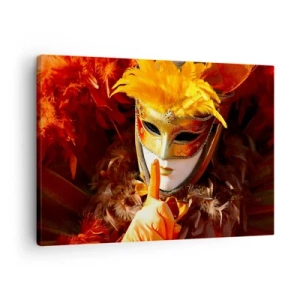 Quadro em tela - Máscara de carnaval em tons de dourado e laranja - 70x50cm - O mistério faz parte do jogo - Decoração de parede moderna para a sala de estar e quarto ARTTOR