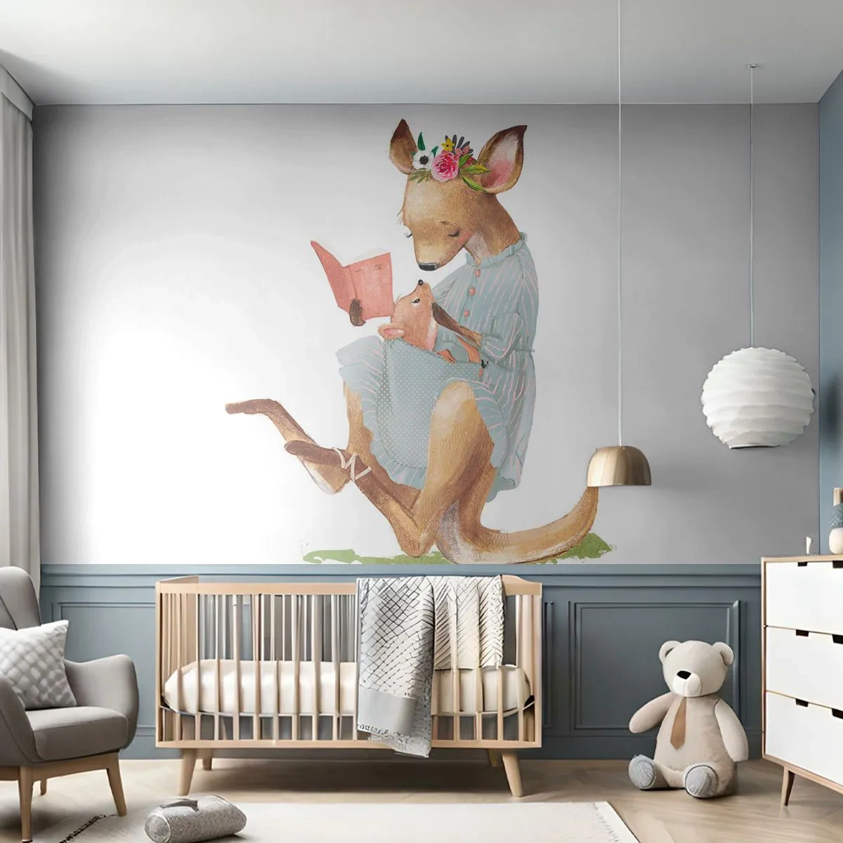Papel de Parede Standard Eco - Ilustração de uma mãe canguru lendo um livro com seu filhote - 100x70cm - Leia para mim, mamãe - Decoração de parede moderna para a sala de estar e quarto ARTTOR
