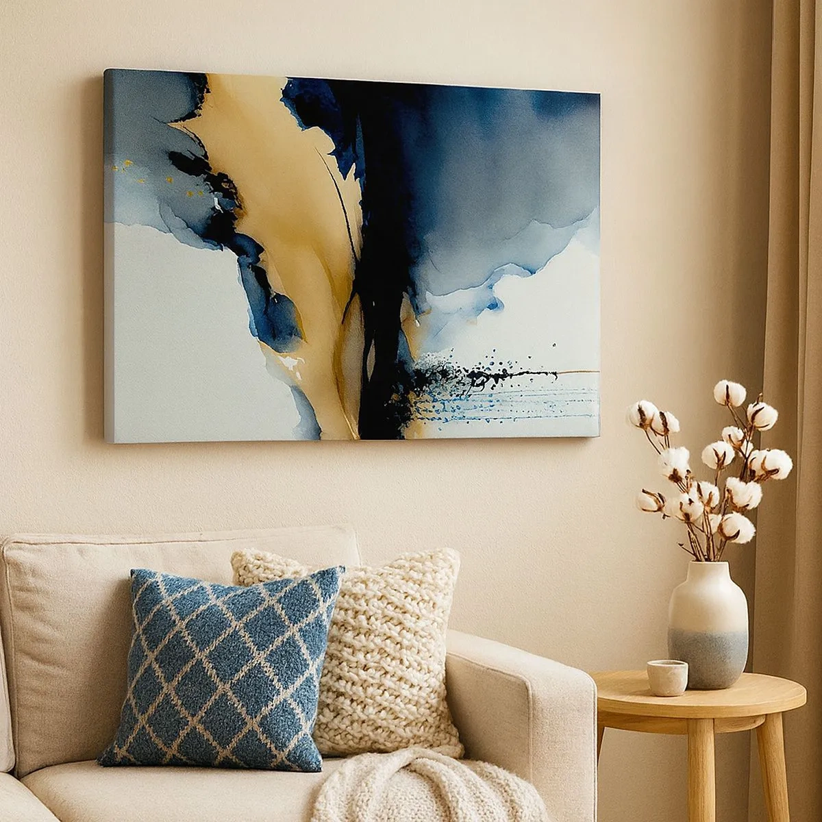 Quadro em tela - Uma composição abstrata em tons de azul marinho e dourado - 70x50cm - Atrás da cortina - Decoração de parede moderna para a sala de estar e quarto ARTTOR