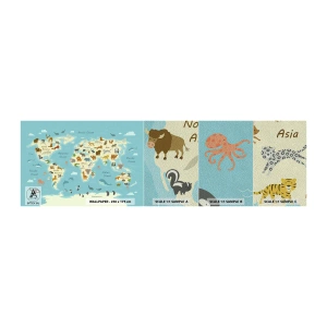 Amostra de papel de parede Premium Sand - Bons vizinhos - Mapa mundial, Mapa com animais, Animais - 100x30 cm
