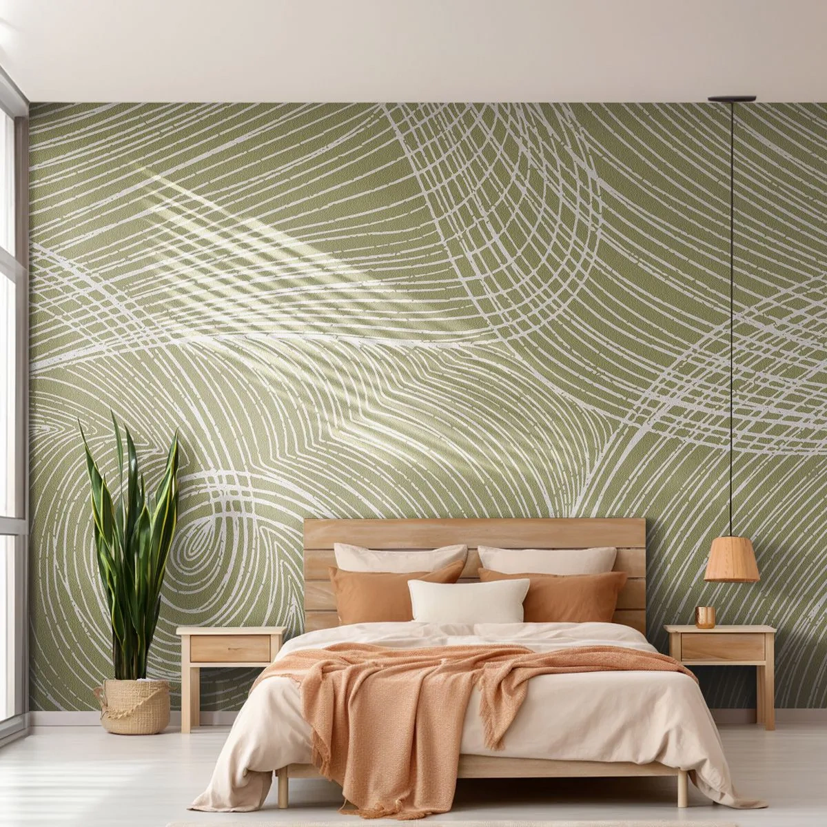 Papel de Parede Standard Eco - Linhas brancas espiraladas em um fundo verde-oliva em um estilo abstrato. - 100x70cm - Abstração intrincada em branco - Decoração de parede moderna para a sala de estar e quarto ARTTOR