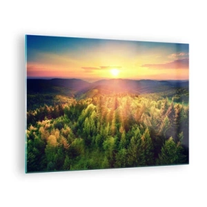Quadro em vidro - Pôr do sol sobre uma floresta montanhosa com vista para os vales - 70x50cm - Picos e cumes - Decoração de parede moderna para a sala de estar e quarto ARTTOR