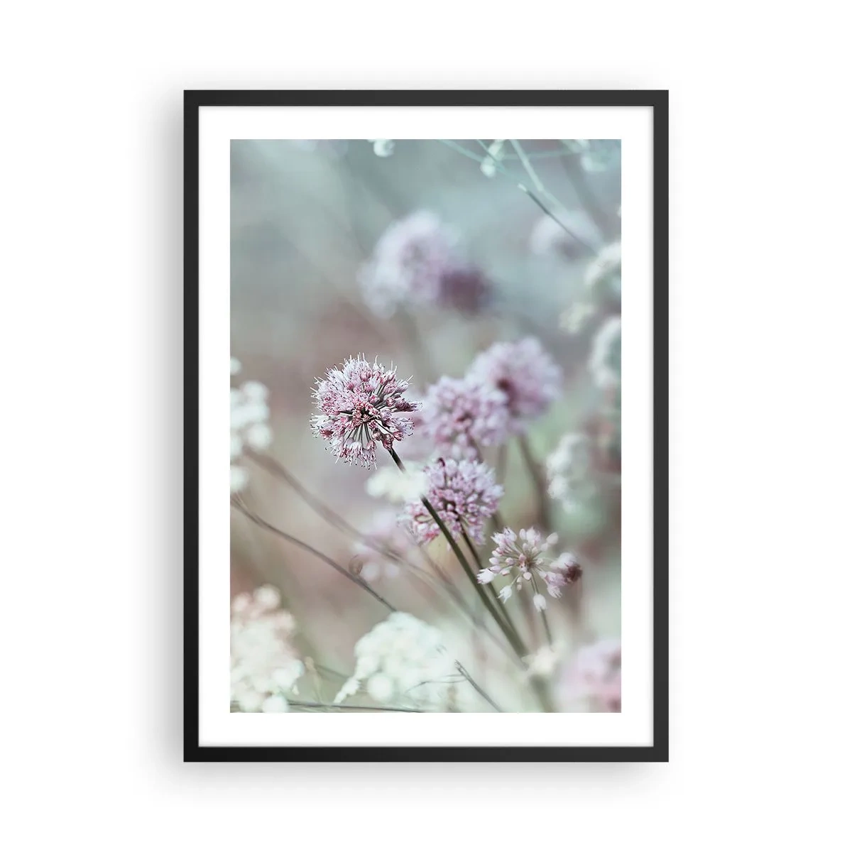 Pôster com moldura preta - Flores delicadas em tons pastéis - 50x70cm - Doce delicadeza das ervas - Decoração de parede moderna para a sala de estar e quarto ARTTOR