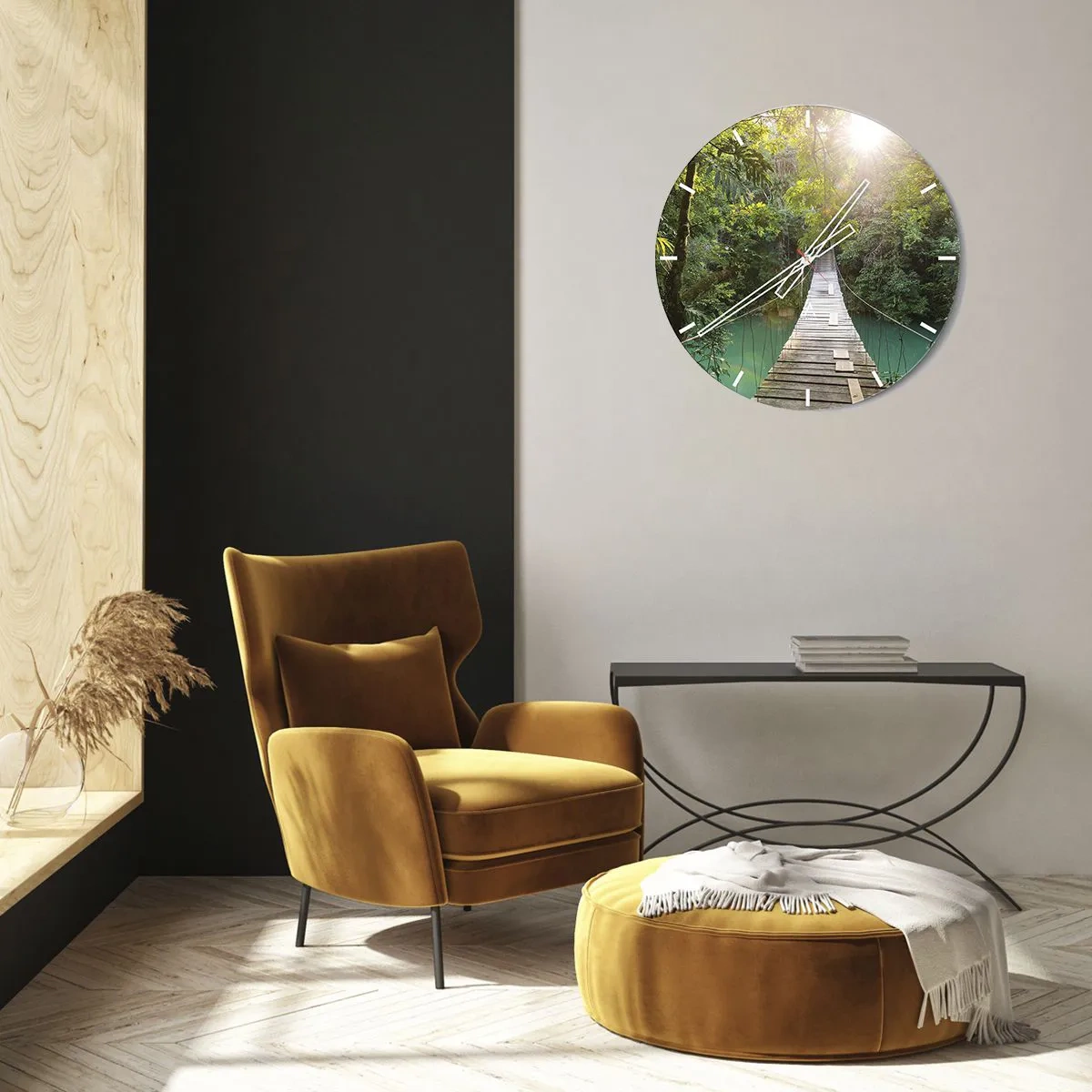 Relógio de parede - Relógio em vidro - Ponte suspensa de madeira na selva tropical ao amanhecer - 30x30cm - Da água azul para a floresta azul - Decoração de parede moderna para a sala de estar, cozinha e quarto ARTTOR