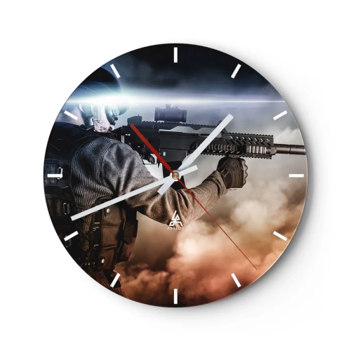 Relógio de parede - Relógio em vidro - Um soldado com um rifle em um fundo de fumaça e flashes de luz. - 30x30cm - Simplesmente um herói - Decoração de parede moderna para a sala de estar, cozinha e quarto ARTTOR