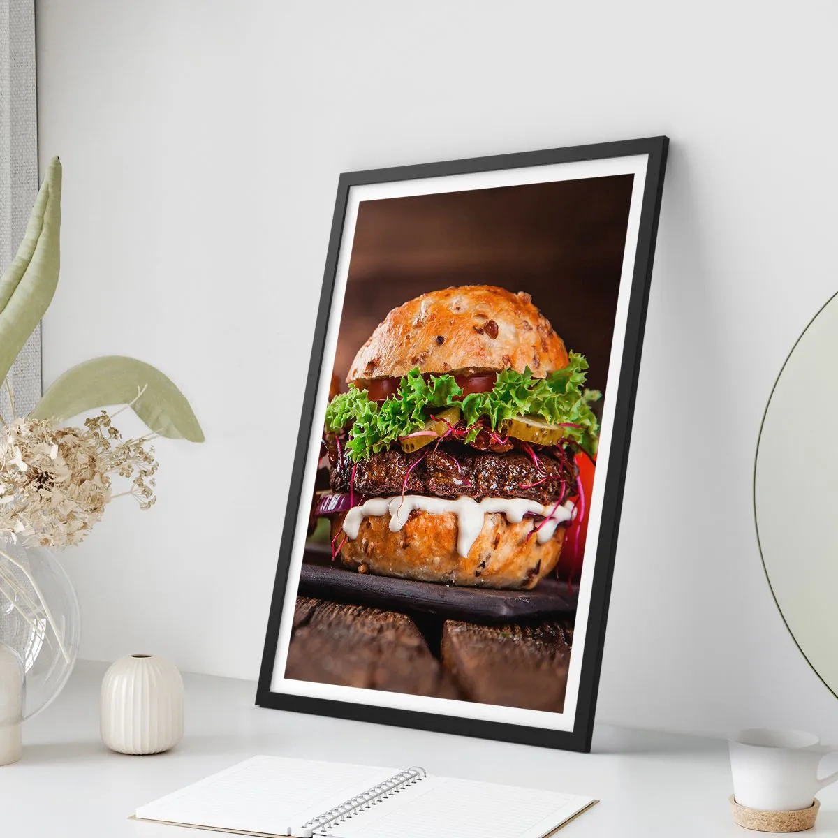 Pôster com moldura preta - Hambúrguer apetitoso com legumes e molho - 50x70cm - Sonho americano - Decoração de parede moderna para a sala de estar e quarto ARTTOR