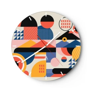 Relógio de parede - Relógio em vidro - Abstração geométrica colorida em estilo retrô - 30x30cm - Composição: brincar - Decoração de parede moderna para a sala de estar, cozinha e quarto ARTTOR