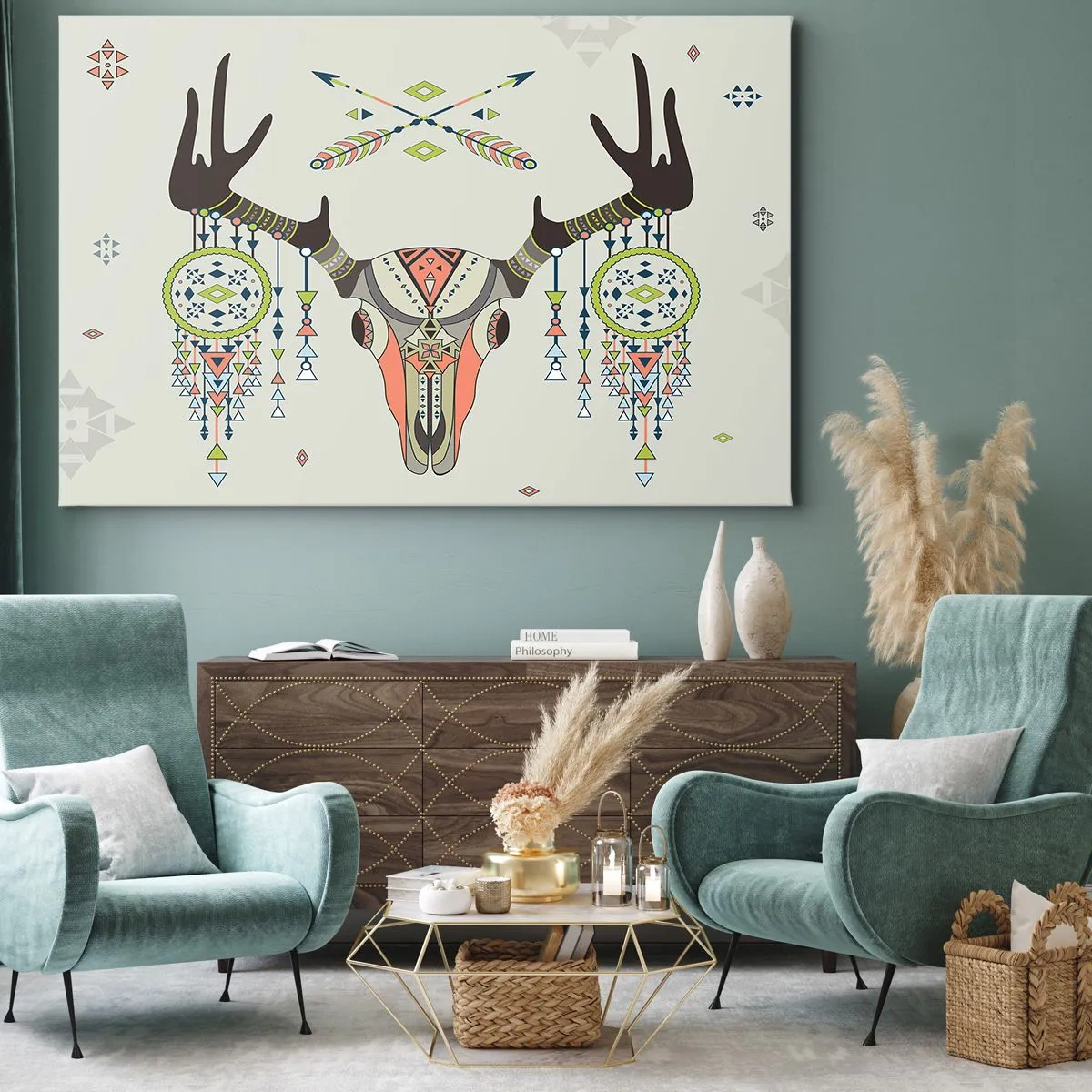 Quadro em tela - Decoração boho com caveira de veado e apanhadores de sonhos - 70x50cm - Troféu de caçador indiano - Decoração de parede moderna para a sala de estar e quarto ARTTOR