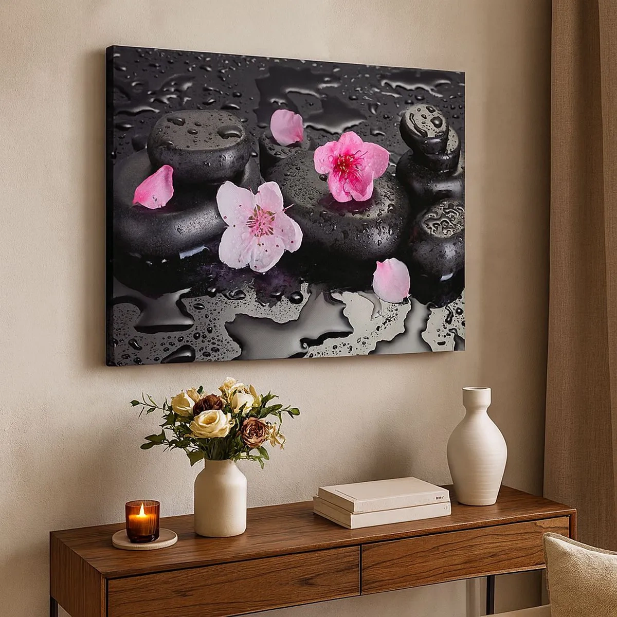 Quadro em tela - Pedras pretas e flores rosas estilo spa - 70x50cm - Coração de pedra - Decoração de parede moderna para a sala de estar e quarto ARTTOR