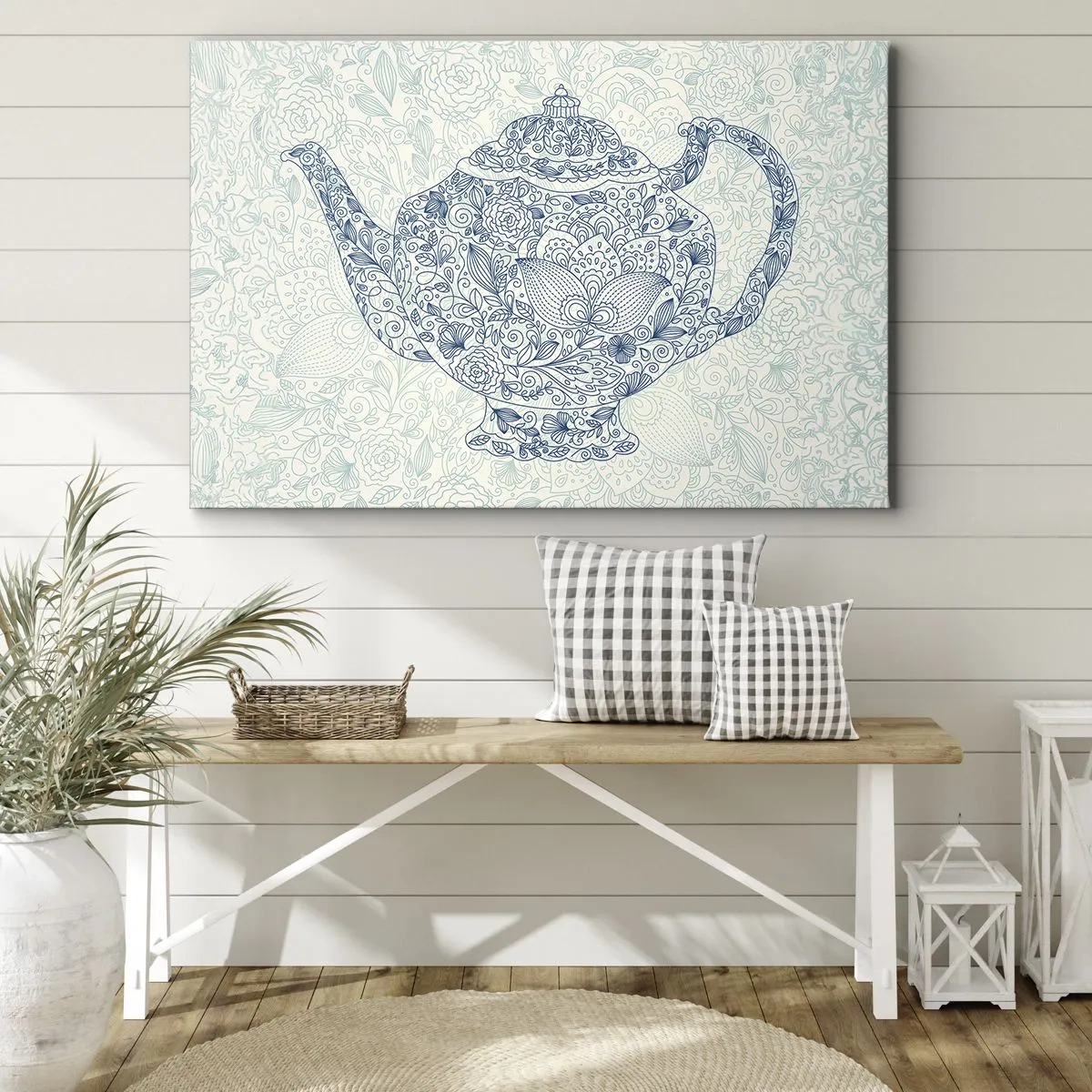 Quadro em tela - Desenho decorativo de um bule com enfeites azuis - 70x50cm - Chás de charme - Decoração de parede moderna para a sala de estar e quarto ARTTOR