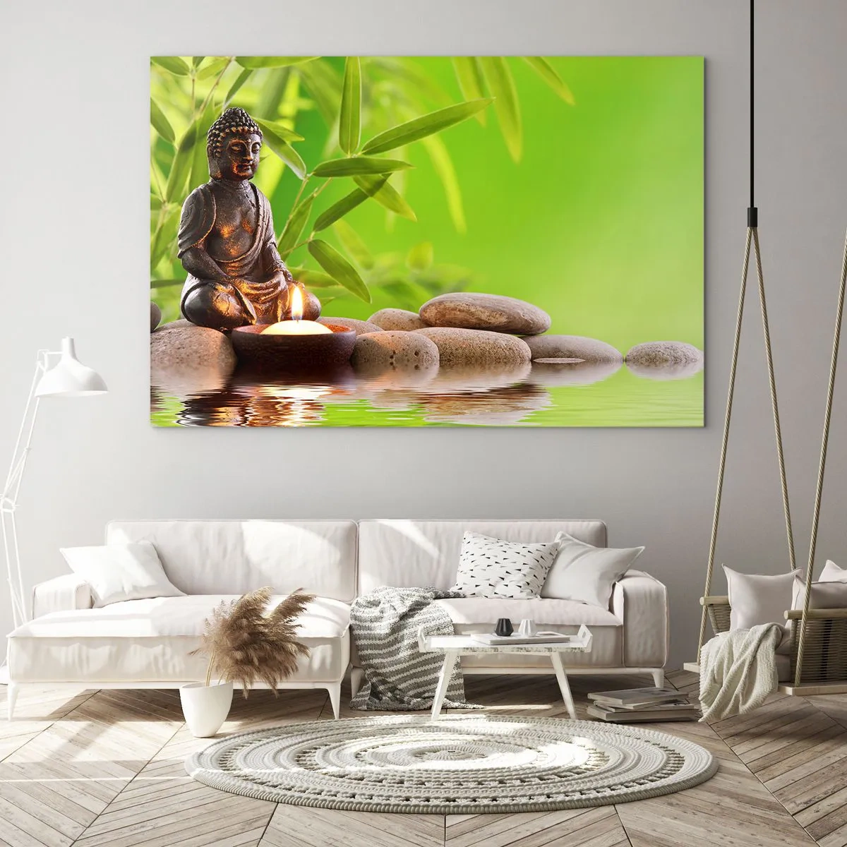 Quadro em vidro - Uma figura de Buda com uma vela acesa em um cenário verde - 70x50cm - A vida é linda - Decoração de parede moderna para a sala de estar e quarto ARTTOR