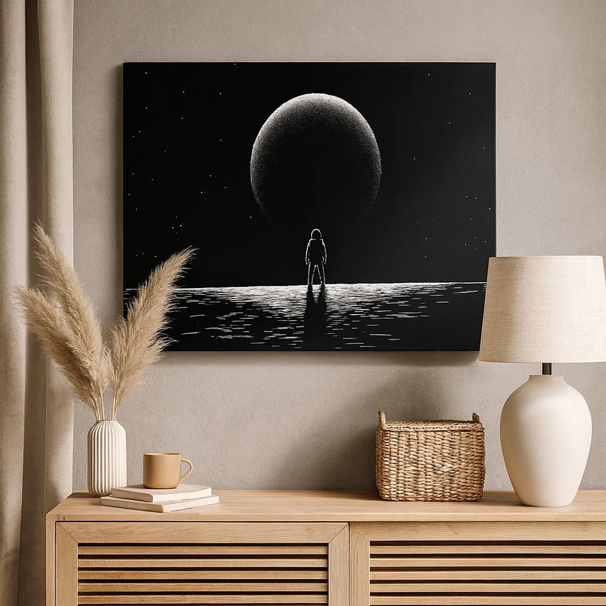 Quadro em tela - Um astronauta tendo como pano de fundo um grande planeta no espaço sideral - 70x50cm - Cara a cara - Decoração de parede moderna para a sala de estar e quarto ARTTOR