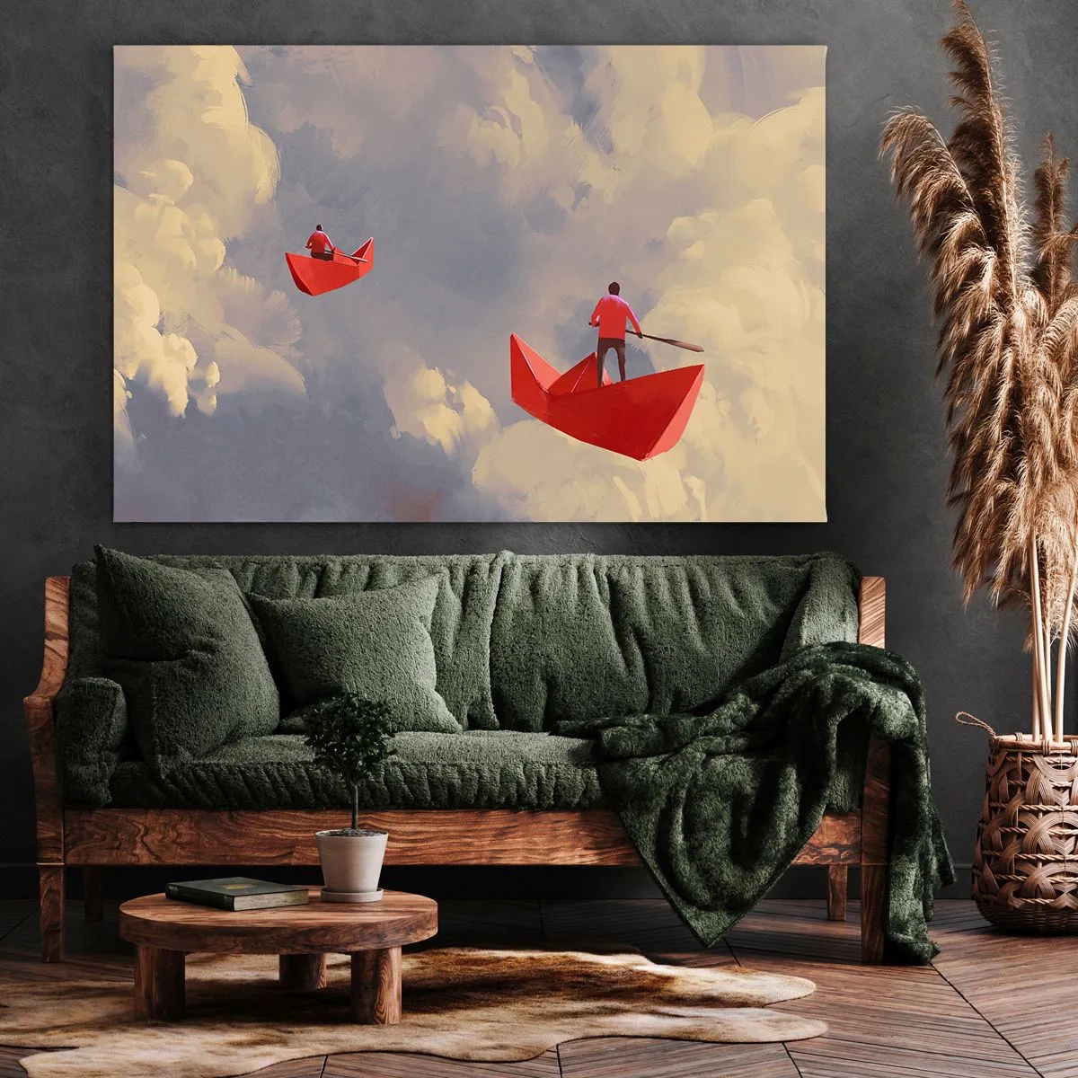 Quadro em tela - Barquinhos de papel vermelho flutuando nas nuvens - 70x50cm - Expedição dos sonhadores - Decoração de parede moderna para a sala de estar e quarto ARTTOR