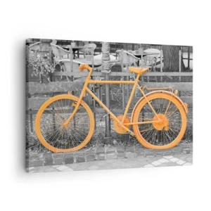 Quadro em tela - Fotografia artística de uma bicicleta amarela contra um fundo preto e branco - 70x50cm - Vá, vou esperar aqui - Decoração de parede moderna para a sala de estar e quarto ARTTOR
