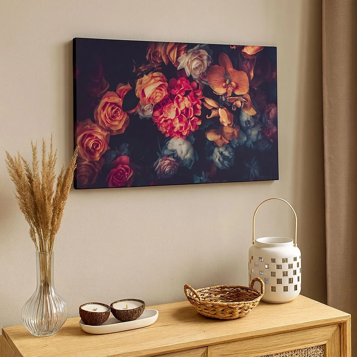 Quadro em tela - Um buquê de flores variadas em tons escuros - 70x50cm - Como nos mestres holandeses - Decoração de parede moderna para a sala de estar e quarto ARTTOR
