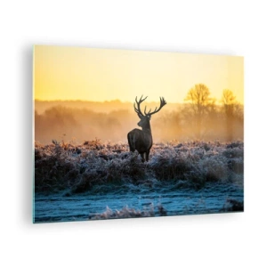 Quadro em vidro - Veado em uma manhã gelada com o nascer do sol ao fundo - 70x50cm - Coroado em sua terra - Decoração de parede moderna para a sala de estar e quarto ARTTOR