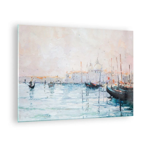 Quadro em vidro - Paisagem impressionista com barcos e edifícios - 70x50cm - Além da água, atrás do nevoeiro - Decoração de parede moderna para a sala de estar e quarto ARTTOR