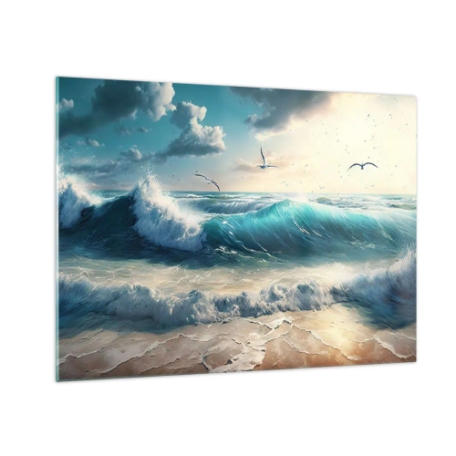 Quadro em vidro - Ondas quebrando na praia na luz da manhã - 70x50cm - Cantarola apenas para si - Decoração de parede moderna para a sala de estar e quarto ARTTOR