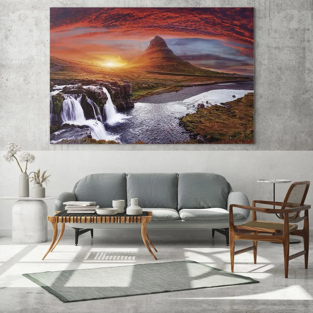 Quadro em vidro - Paisagem montanhosa com cachoeira e pôr do sol - 70x50cm - A vista da Terra Média - Decoração de parede moderna para a sala de estar e quarto ARTTOR