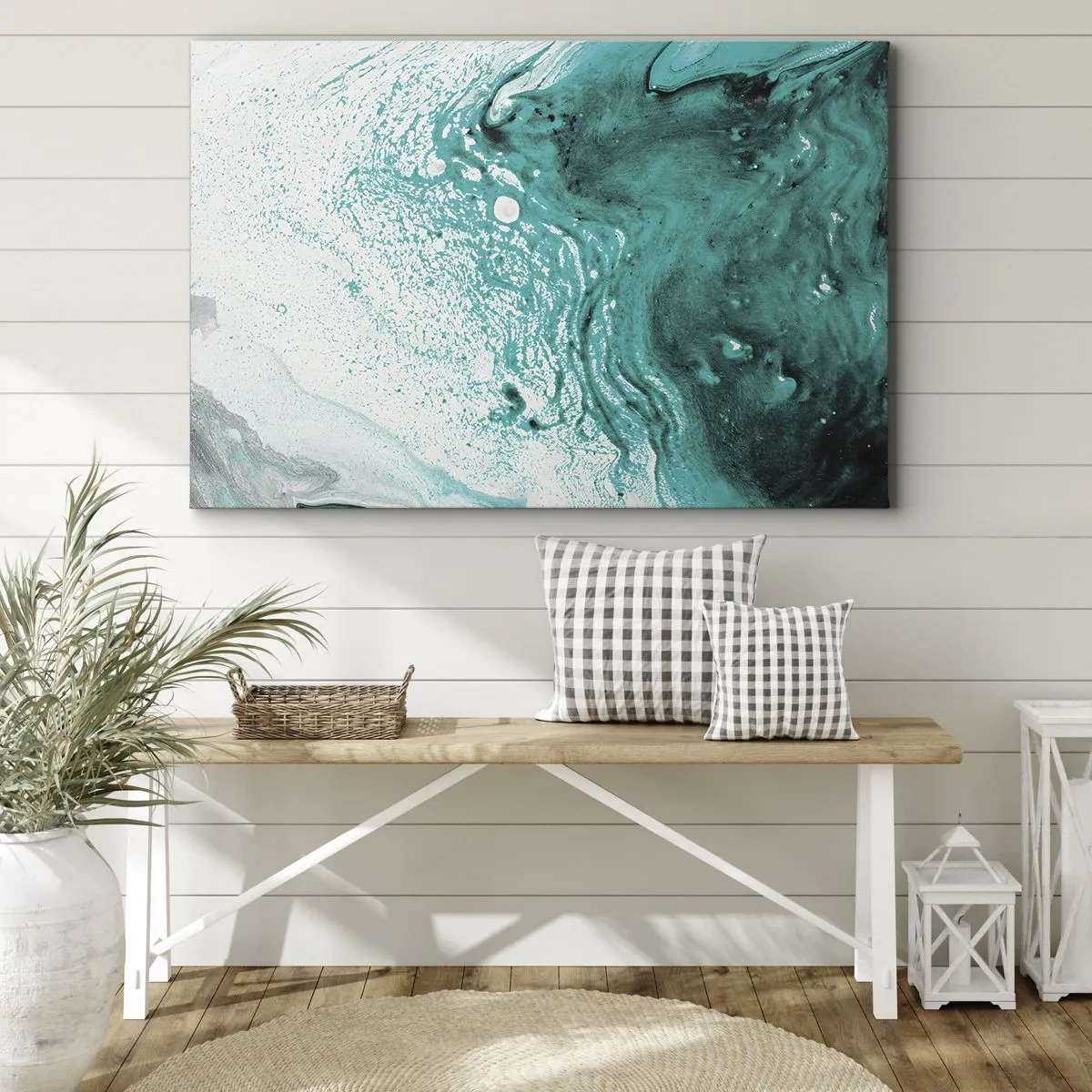 Quadro em tela - Composição abstrata em tons turquesa sobre fundo branco - 70x50cm - Derreter a branco e turquesa - Decoração de parede moderna para a sala de estar e quarto ARTTOR
