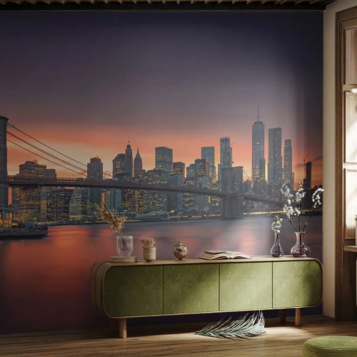 Papel de Parede Standard Eco - Imersa no silêncio lilás - Nova Iorque, Cidade, Ponte do Brooklyn - 200x140 cm
