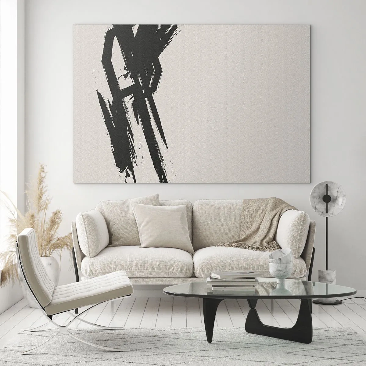 Quadro em vidro - Uma pincelada preta dinâmica sobre um fundo claro - 70x50cm - Corrida imparável - Decoração de parede moderna para a sala de estar e quarto ARTTOR
