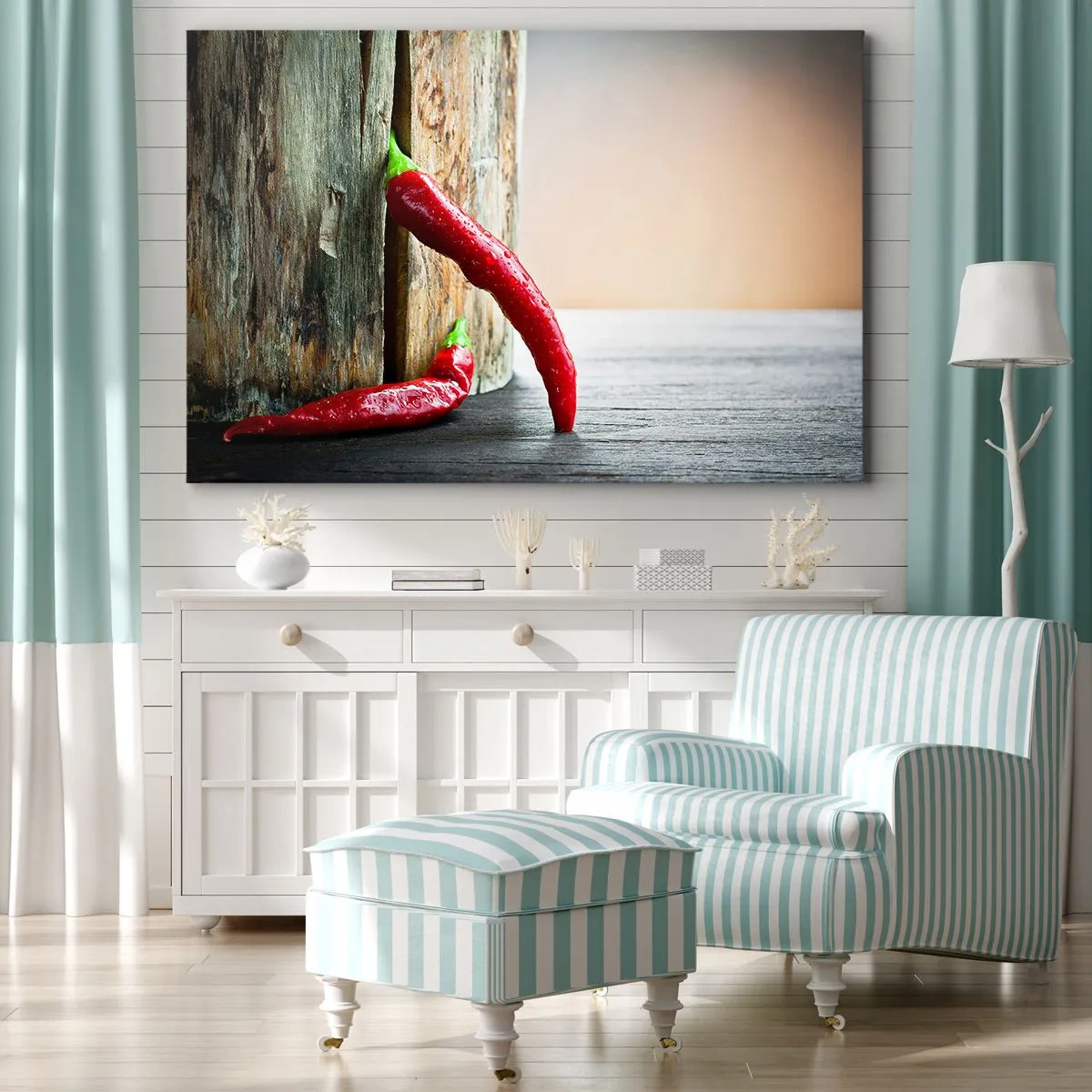 Quadro em tela - Duas pimentas vermelhas em um fundo de madeira com um toque rústico - 70x50cm - Red hot chili peppers - Decoração de parede moderna para a sala de estar e quarto ARTTOR