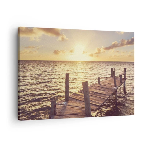 Quadro em tela - Um cais de madeira que conduz ao pôr do sol - 70x50cm - A terra dourada da gentileza - Decoração de parede moderna para a sala de estar e quarto ARTTOR