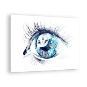 Quadro em vidro - Olho de mulher com motivo de coruja em estilo aquarela - 70x50cm - Cara a cara com o selvagem - Decoração de parede moderna para a sala de estar e quarto ARTTOR