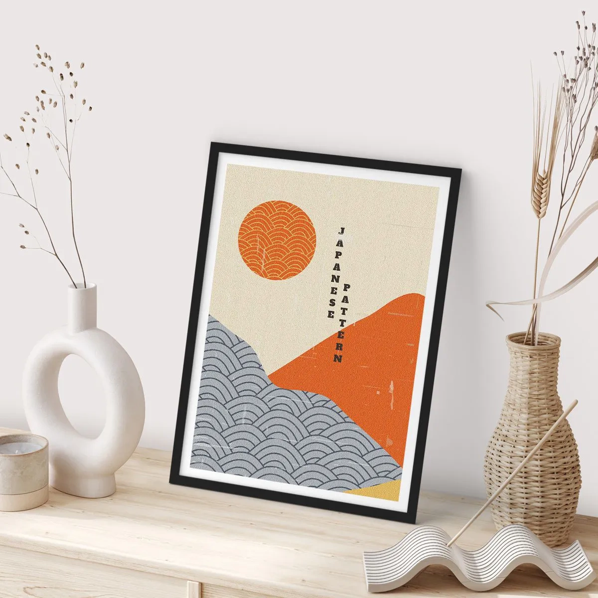 Pôster com moldura preta - Padrão japonês minimalista com ondas e sol - 50x70cm - No espírito japonês - Decoração de parede moderna para a sala de estar e quarto ARTTOR
