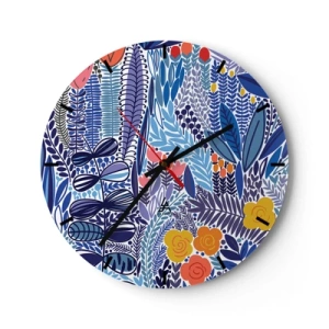 Relógio de parede - Relógio em vidro - Motivo vegetal colorido em estilo gráfico - 30x30cm - Jardim Havaiano - Decoração de parede moderna para a sala de estar, cozinha e quarto ARTTOR